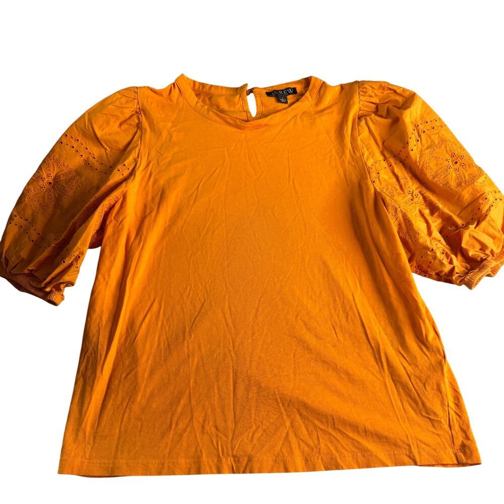 J.Crew Eyelet Puff Sleeve Top Women’s Large Orange 100% Cotton Statement Tee